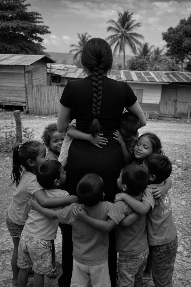 A woman embraced by the village children